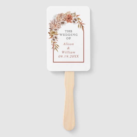 Boog met terracotta bloemen bruiloft programma handwaaier (Voorkant)