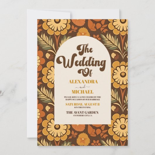 Boog Moderne Retro 70s Bloemen Bruiloft Kaart (Voorkant)