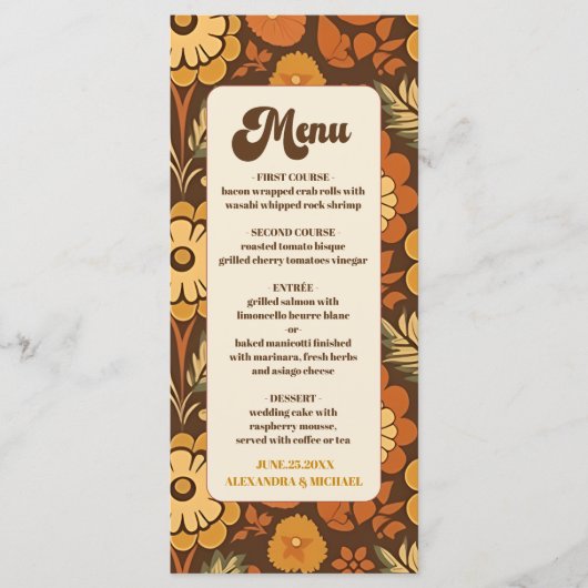 Boog Moderne Retro 70s Bloemen Bruiloft Menu (Voorkant)