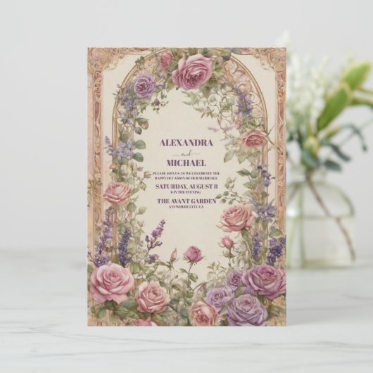  boog Paarse roze rozen bloemenbruiloft Kaart (Staand voorkant)