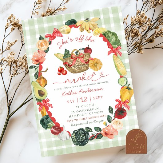 Boog Rode Gingham Illustratie Boerenmarkt Bruidsfe Kaart