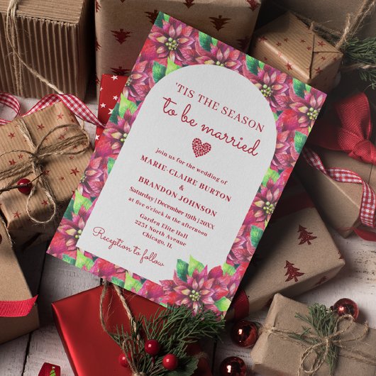 Boog Rode Poinsettia Platte Kerstmis Bruiloft Kaart