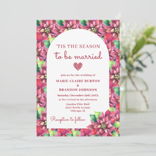 Boog Rode Poinsettia Platte Kerstmis Bruiloft Kaart (Staand voorkant)