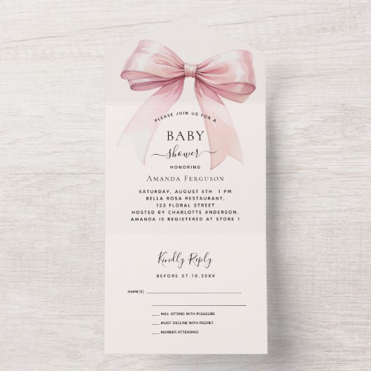 Boog roze beige crème meisje Baby shower rsvp All In One Uitnodiging (Binnen)