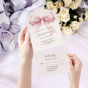 Boog roze beige crème Quinceanera rsvp All In One Uitnodiging
