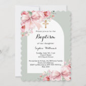 Boog roze bloemen boog cross sage groen doopsel kaart (Voorkant)