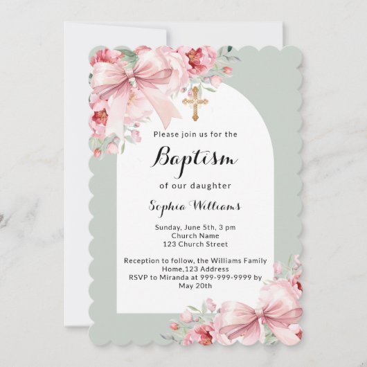 Boog roze bloemen boog cross sage groen doopsel kaart (Voorkant)