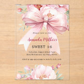 Boog roze bloemen clear Sweet 16 Acryl Uitnodigingen (Voorkant)