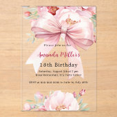 Boog roze bloemen elegante heldere verjaardag acryl uitnodigingen (Voorkant)