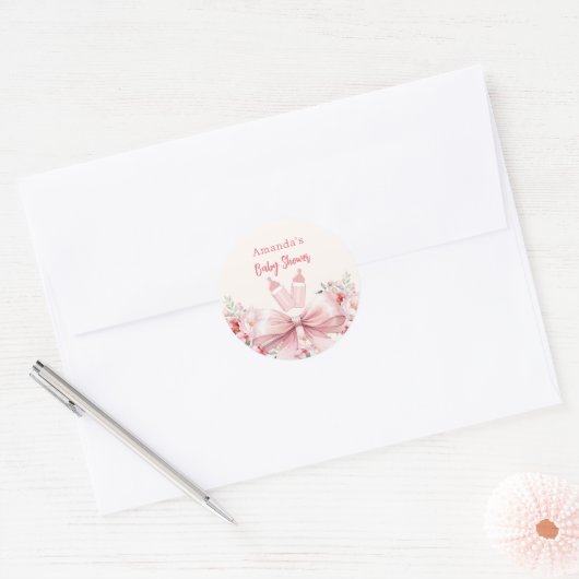 Boog roze bloemen flessen Baby shower Ronde Sticker (Envelop)
