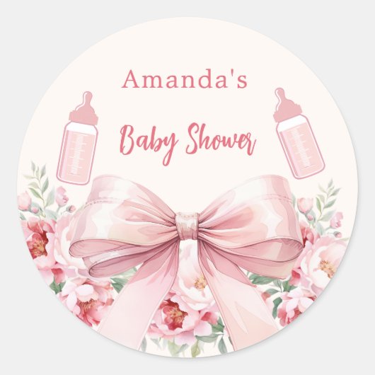 Boog roze bloemen flessen Baby shower Ronde Sticker (Voorkant)