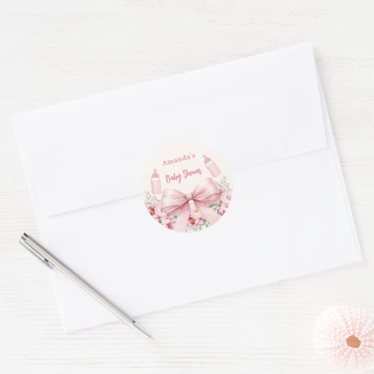 Boog roze bloemen flessen Baby shower Ronde Sticker (Envelop)