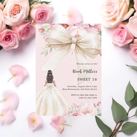 Boog roze bloemen jurk crème Sweet 16 Kaart