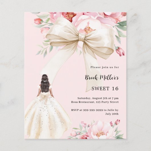 Boog roze bloemen jurk crème Sweet 16 uitnodiging (Voorkant)