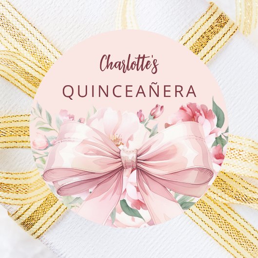 Boog roze bloemen Quinceanera Ronde Sticker