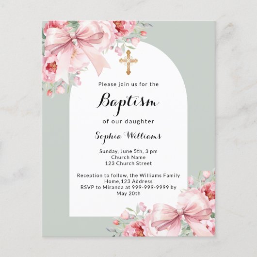 Boog roze bloemenboog salie groen doopsel uitnodig (Voorkant)
