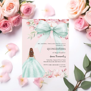 Boog roze bloemengroene jurk Quinceanera uitnodigi