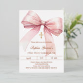 Boog roze meisje roos goud Eerste Communie Folie Uitnodiging (Staand Voorkant)