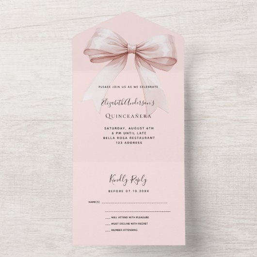 Boog roze rose goud Quinceanera rsvp All In One Uitnodiging (Binnen)