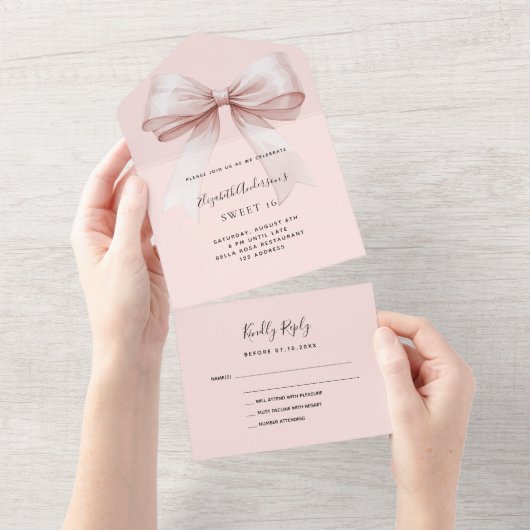 Boog roze rose goud Sweet 16 rsvp All In One Uitnodiging (Afscheurbaar)