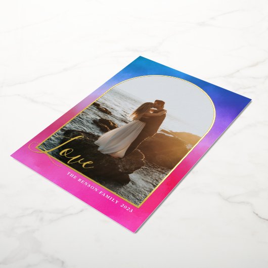 Boog Script Liefde Geschilderd Roze Blauw Verticaa Folie Feestdagenkaart (Gedraaid)