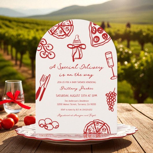 Boog speciale levering op de weg Pizza Baby shower Kaart