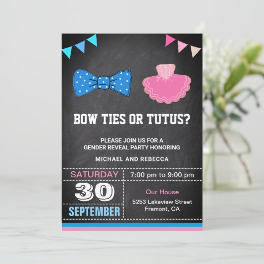 Boog Stropdassen of Tutus Gender Reveal Party Kaart (Staand voorkant)