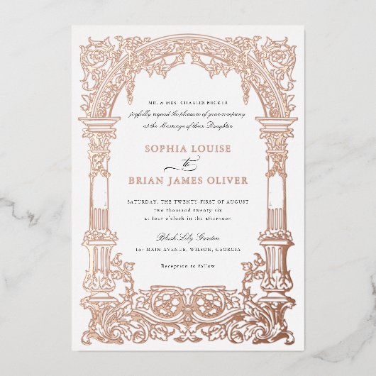 boog wijnstokken Ornament Lijst Roos goud Folie Uitnodiging (Voorkant)