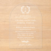 Boog Witte Typografie Krans Monogram Huwelijk Acryl Uitnodigingen (Voorkant)