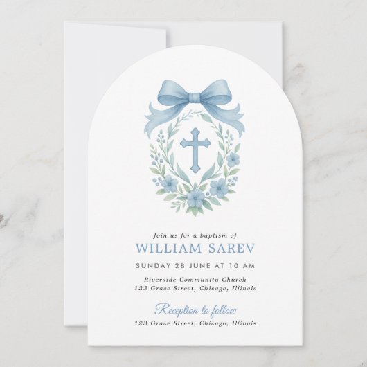 Boogblauwe doop uitnodiging voor Baby Boy (Voorkant)