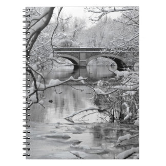 Boogbrug over bevroren rivier in de winter notitieboek
