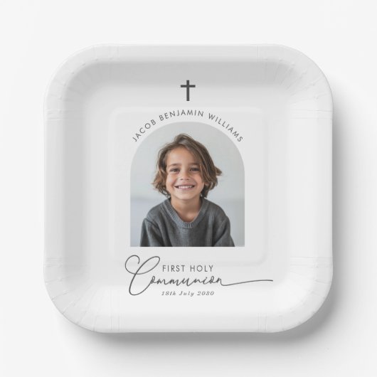 Boogfoto Eerste Communie Jongen Papieren Bordje (Voorkant)
