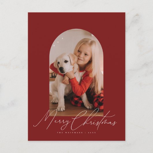 Boogfoto & handgeschreven vrolijk kerstscript feestdagenkaart (Voorkant)