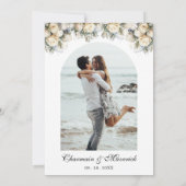 Boogfoto met witte rozen Elegante bruiloft Kaart (Achterkant)