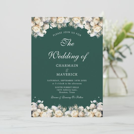 Boogfoto met witte rozen Smaragdgroene bruiloft Kaart (Staand voorkant)