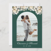 Boogfoto met witte rozen Smaragdgroene bruiloft Kaart (Achterkant)