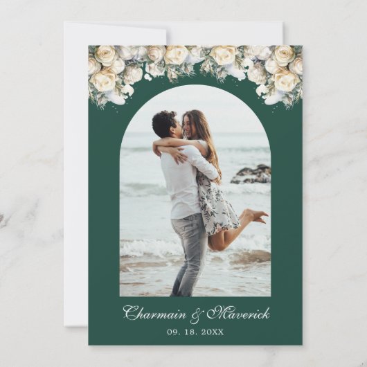Boogfoto met witte rozen Smaragdgroene bruiloft Kaart (Achterkant)