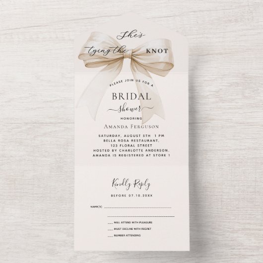 Boogknoop beige crème Vrijgezellenfeest rsvp All In One Uitnodiging (Binnen)