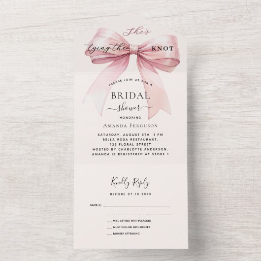 Boogknoop roze beige crème Vrijgezellenfeest rsvp All In One Uitnodiging (Binnen)