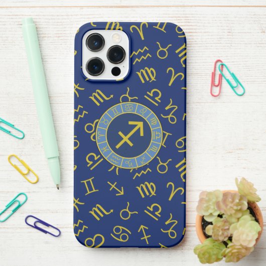 Boogschutter Zodiac + Astrologie Symbolen PTN Gld  iPhone Hoesje (Op bureau)