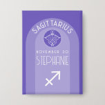 Boogschutter Zodiac Astrologie Teken Foto Geboorte Button<br><div class="desc">Personaliseer deze knop met een geboortedatum en naam. Een aangepast ontwerp met het sterrenbeeld - Boogschutter - plus persoonlijkheidskenmerken, informatie en sterrenbeeld. Personaliseer deze verjaardagskaars met een geboortedatum en naam. Een aangepast verjaardagsontwerp met het sterrenbeeld - Boogschutter - plus persoonlijkheidskenmerken, informatie en sterrenbeeld. Een spirituele en vorstelijke paarse en blauwe...</div>