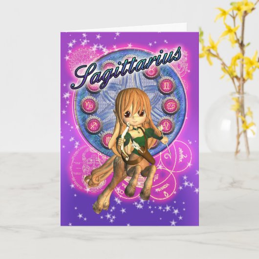 Boogschutter Zodiac Kaart met Schattige Vrouw Cent (Gele Bloem)