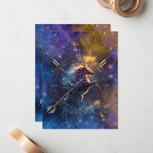 Boogschutter Zodiac Teken Waterverf Ontwerp Notitiekaartje (Voorkant / Achterkant in situ)