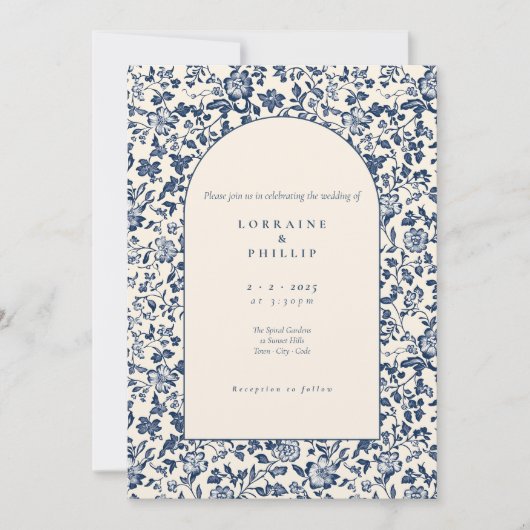  boogstijl Blauwe crème Bloemen bruiloft Kaart (Voorkant)