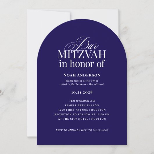 Boogvorm Classic Luxe | Donkerblauwe Bar Mitzvah Kaart (Voorkant)
