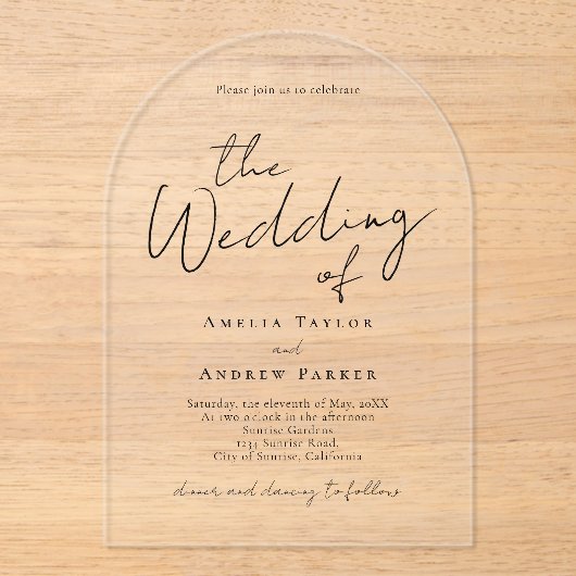 Boogvormige elegante bruiloft acryl uitnodiging (Voorkant)