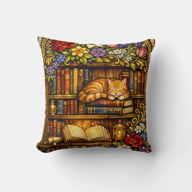 Book and Sleeping Cat Lovers Faux Stain Glass Kussen (Voorkant)