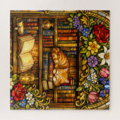 Book and Sleeping Cat Lovers Faux Stain Glass Legpuzzel (Horizontaal)