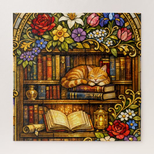 Book and Sleeping Cat Lovers Faux Stain Glass Legpuzzel (Verticaal)