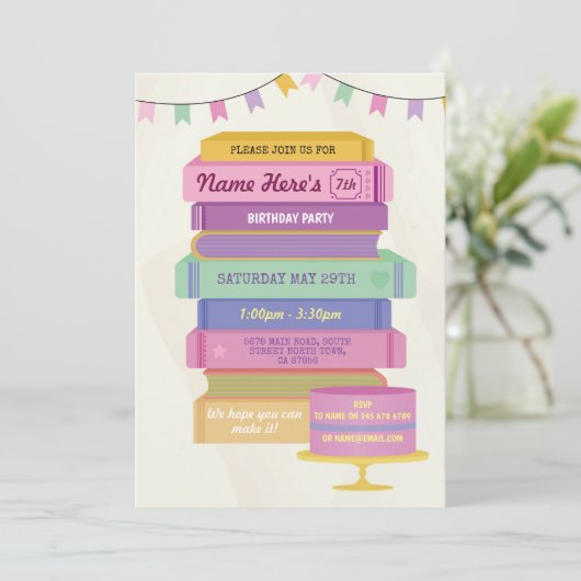 Book Birthday Library nodigt roze tas uit om te le Kaart (Staand voorkant)